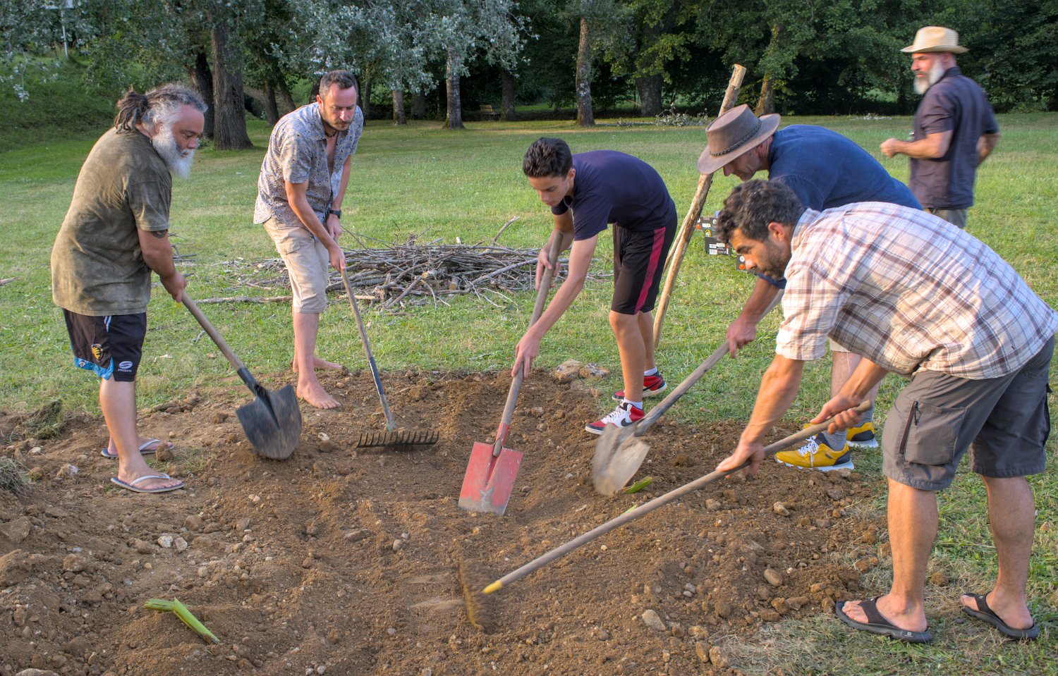 Cuisson à l'étouffée de poulets et légumes. Enlèvement de la terre