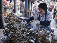 Une vendeuse de fruits de mer cuisinés à Bangkok